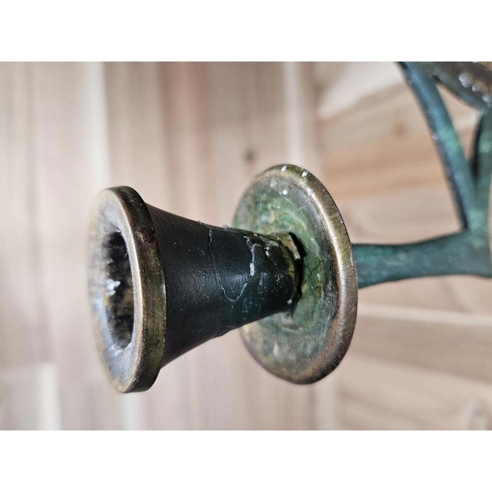 Vintage Mid-Century Modern Israeli Brutalist 3-Cup Candelabra Verdigris Brass - Picture 12 of 14